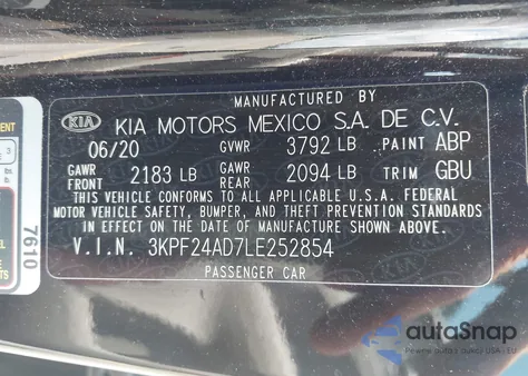 2020 Kia Forte Lxs from USA, damaged, VIN 3KPF24AD7LE252854